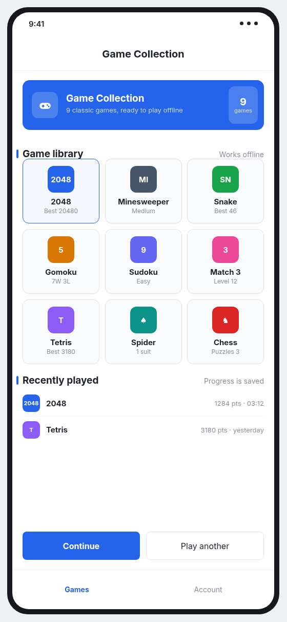 Game Collection mobile app interface on Android